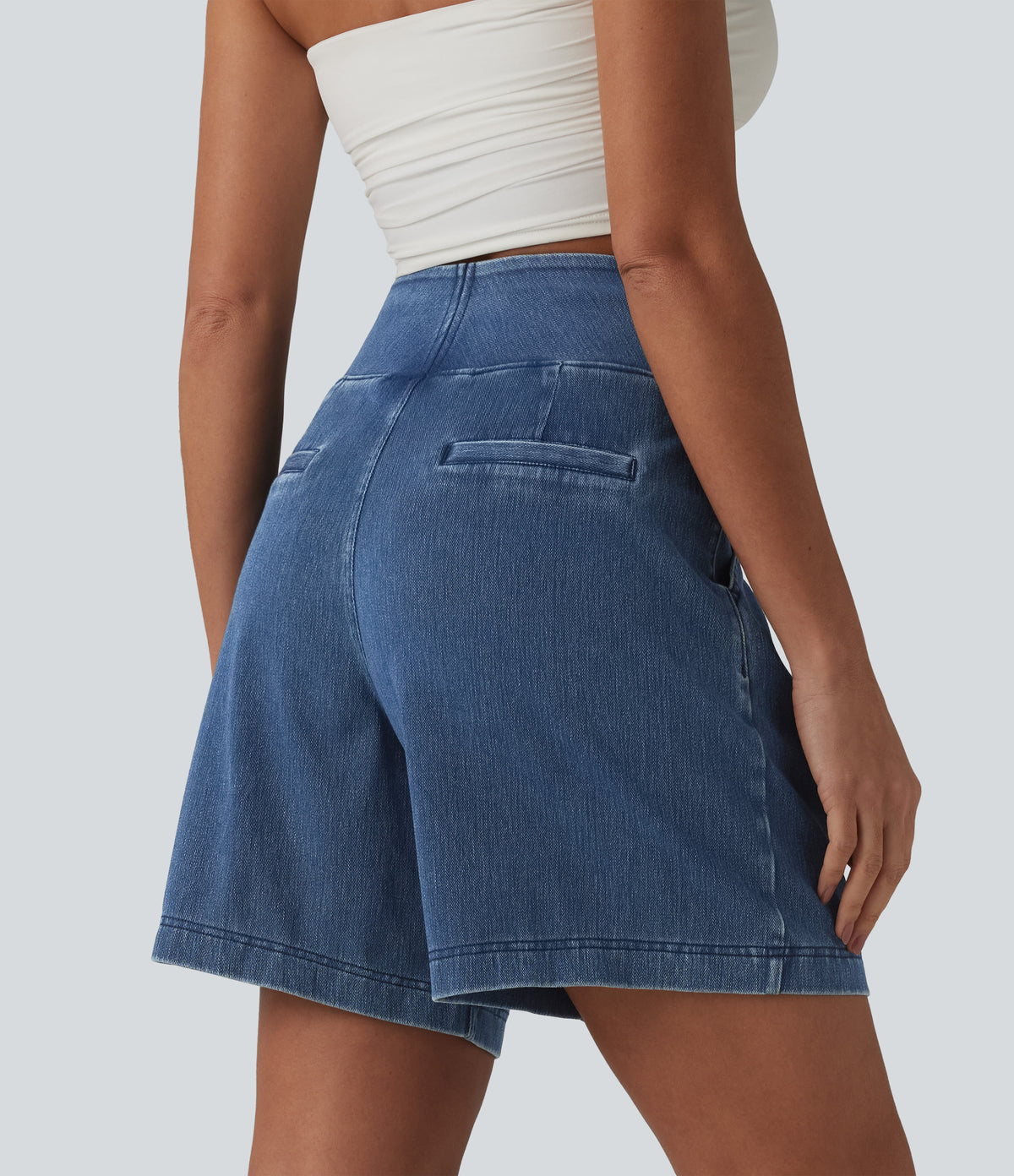 High Waisted Denim Casual Baggy Bermuda Shorts 7'' with Pockets — Estate Blue Denim — view 3
