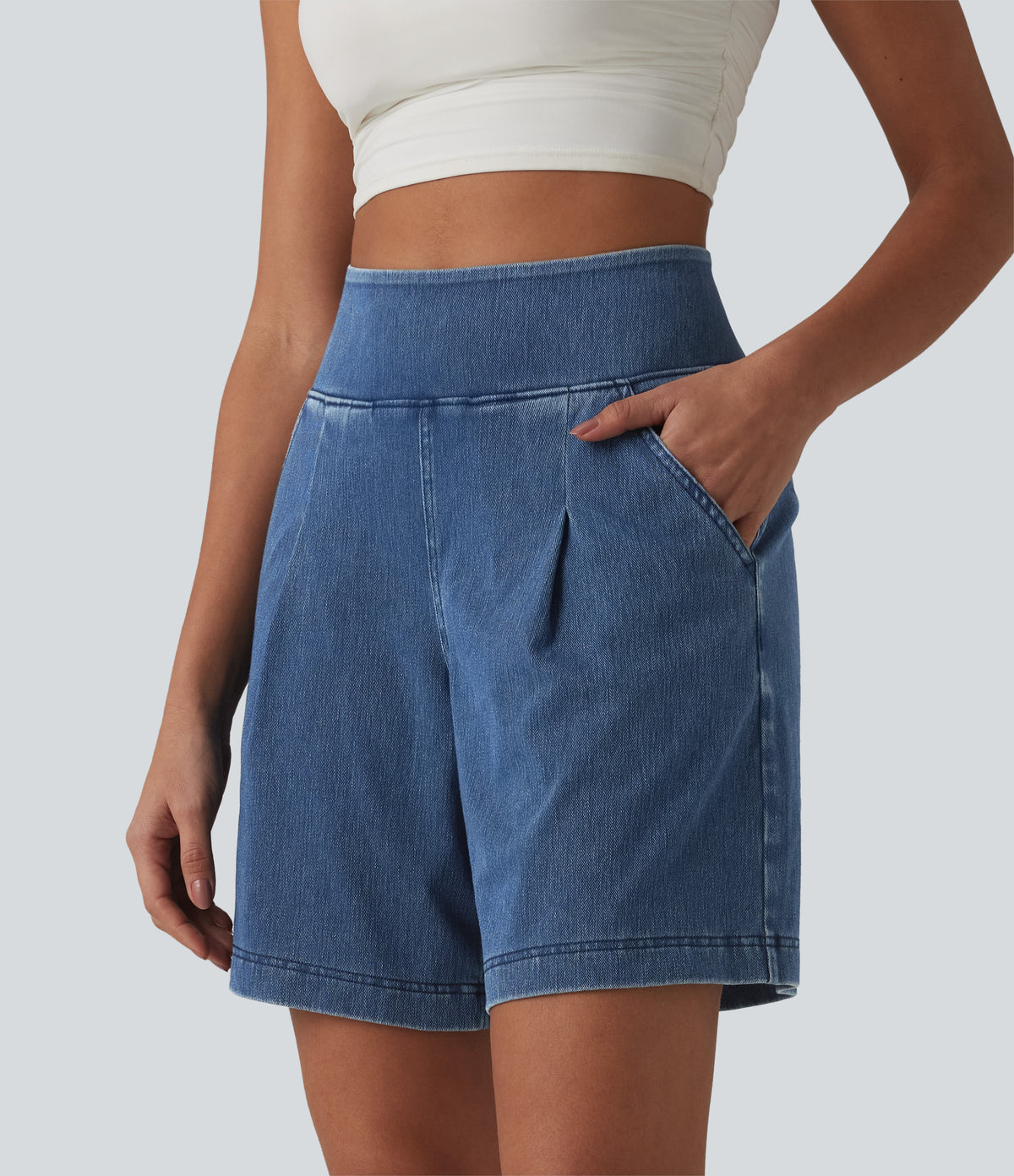 High Waisted Denim Casual Baggy Bermuda Shorts 7'' with Pockets — Estate Blue Denim — view 1