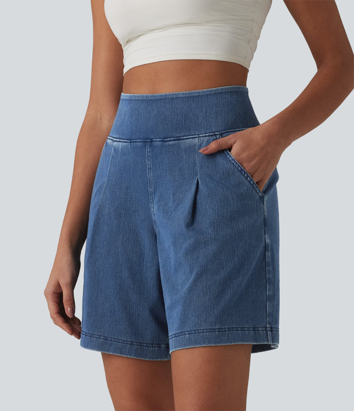 High Waisted Denim Casual Baggy Bermuda Shorts 7'' with Pockets — Estate Blue Denim — view 1