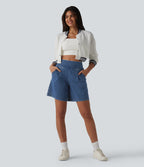 High Waisted Denim Casual Baggy Bermuda Shorts 7'' with Pockets — Estate Blue Denim — view 7