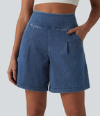 High Waisted Denim Casual Baggy Bermuda Shorts 7'' with Pockets — Estate Blue Denim — view 5
