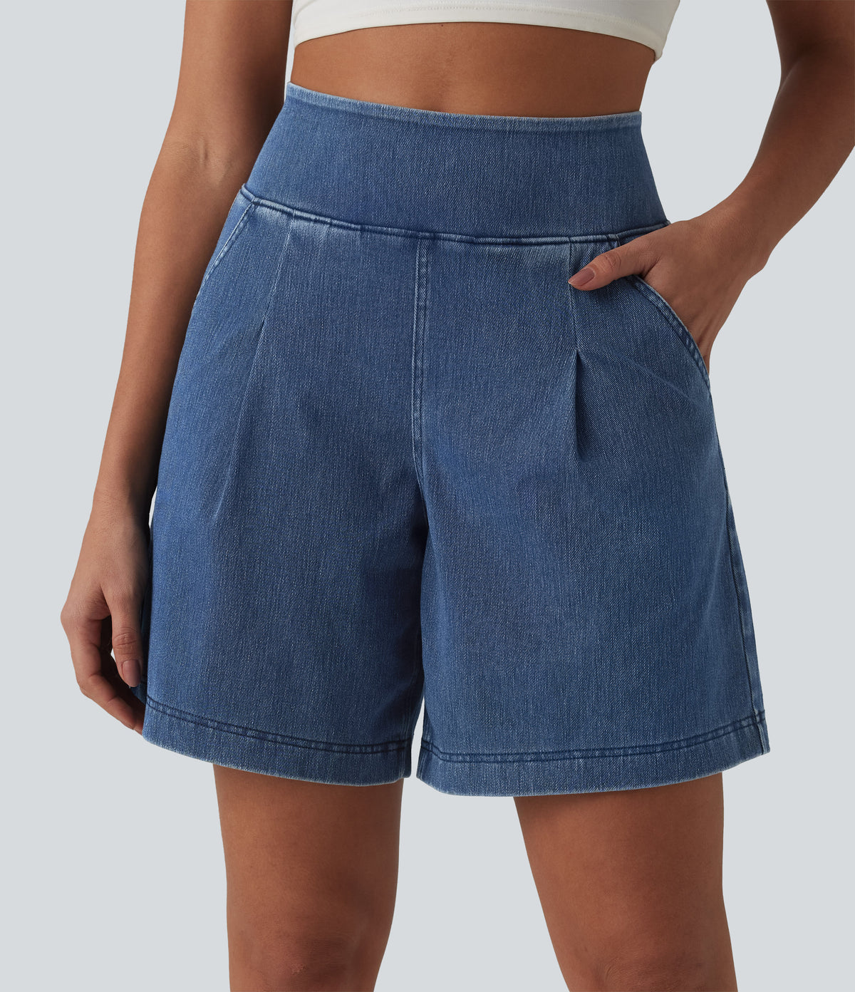 High Waisted Denim Casual Baggy Bermuda Shorts 7'' with Pockets — Estate Blue Denim — view 5
