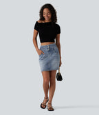 High Waisted Denim Mini Casual Skirt with Pockets — Malibu Blue Denim — view 6