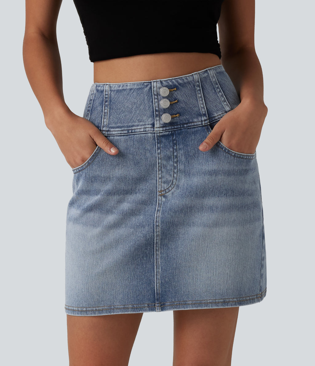 High Waisted Denim Mini Casual Skirt with Pockets — Malibu Blue Denim — view 1