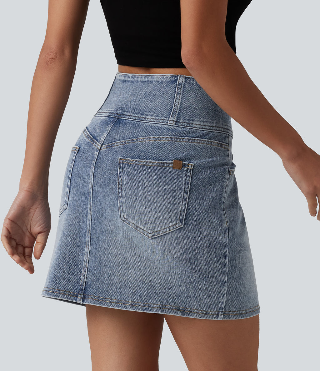 High Waisted Denim Mini Casual Skirt with Pockets — Malibu Blue Denim — view 4