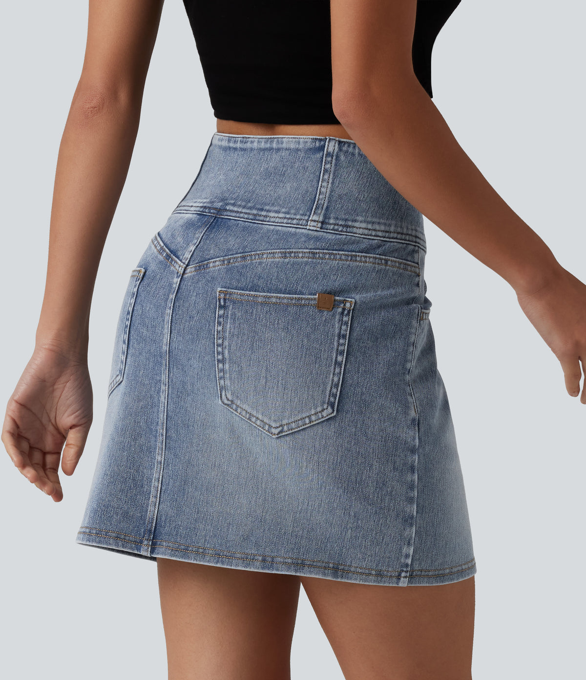 High Waisted Denim Mini Casual Skirt with Pockets — Malibu Blue Denim — view 4