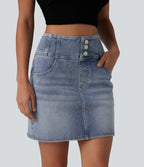 High Waisted Denim Mini Casual Skirt with Pockets — Malibu Blue Denim — view 3