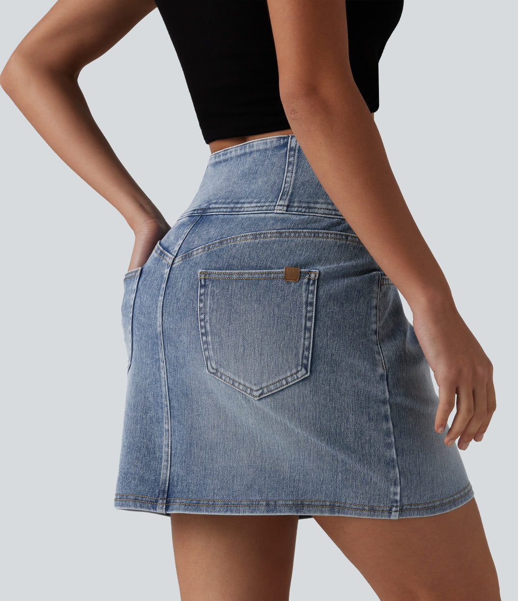 High Waisted Denim Mini Casual Skirt with Pockets — Malibu Blue Denim — view 2