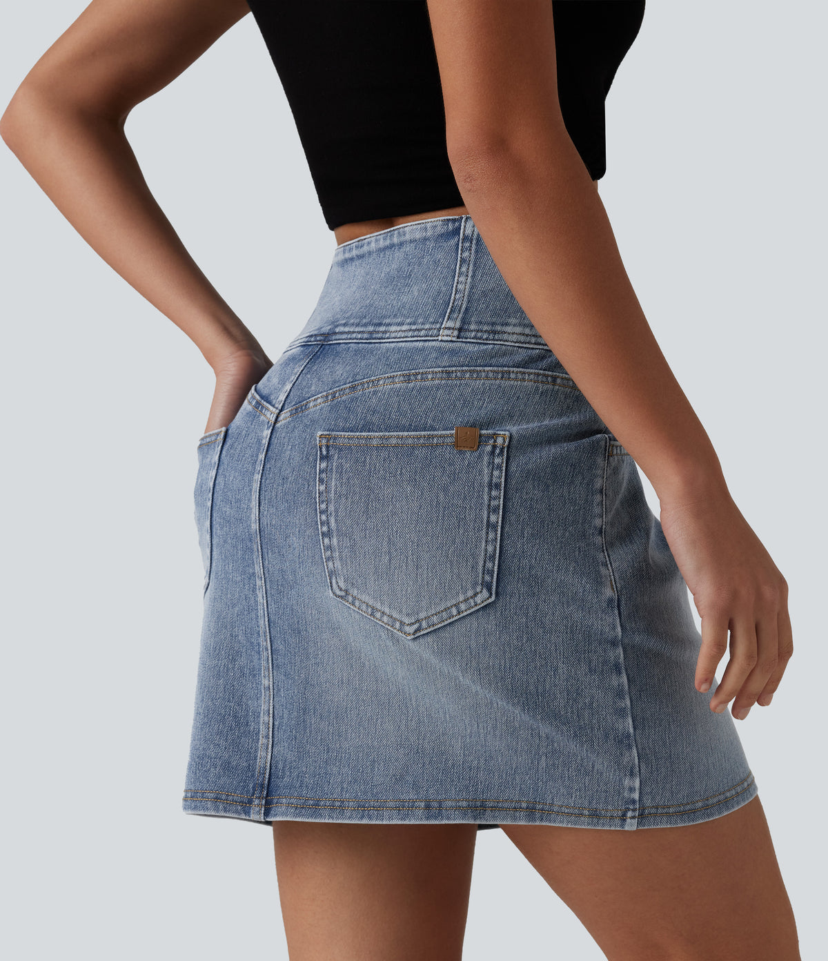 High Waisted Denim Mini Casual Skirt with Pockets — Malibu Blue Denim — view 2