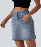 High Waisted Denim Mini Casual Skirt with Pockets — Malibu Blue Denim — view 5