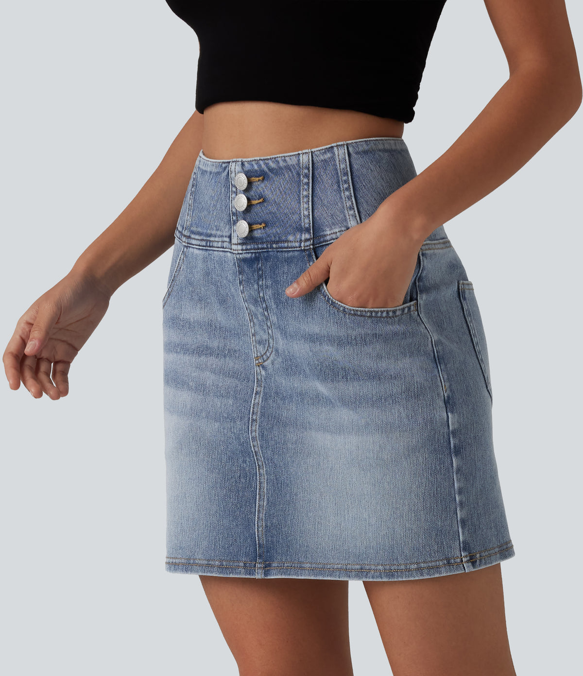 High Waisted Denim Mini Casual Skirt with Pockets — Malibu Blue Denim — view 5