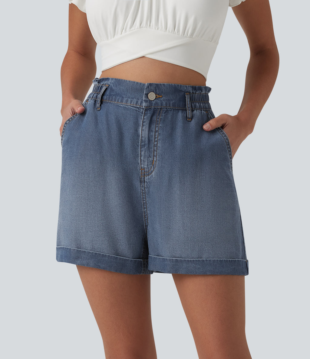 High Waisted Denim Casual Shorts 3'' with Pockets — Tide Blue Denim — view 1