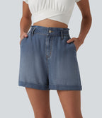 High Waisted Denim Casual Shorts 3'' with Pockets — Tide Blue Denim — view 1
