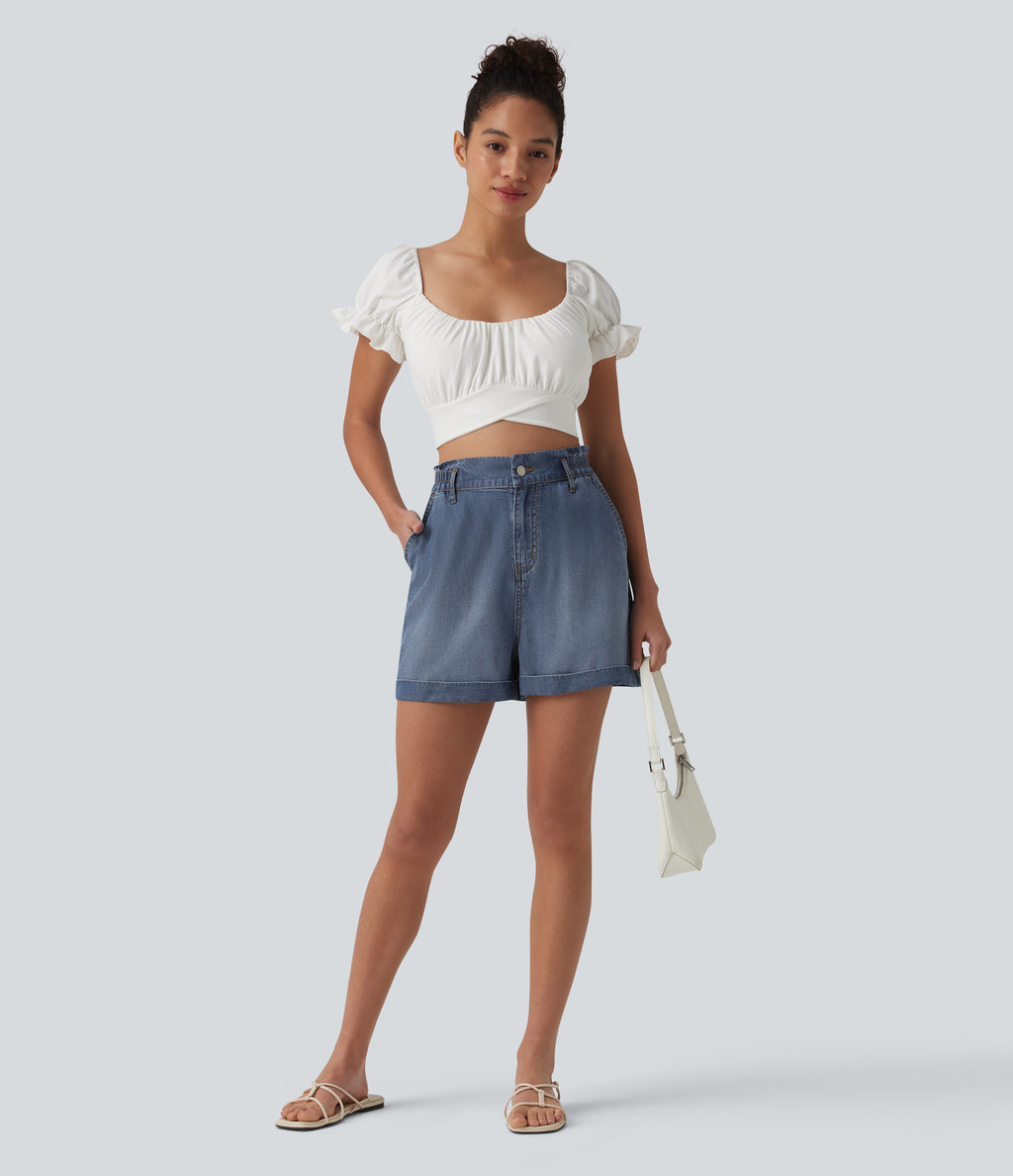 High Waisted Denim Casual Shorts 3'' with Pockets — Tide Blue Denim — view 6