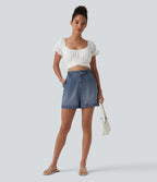 High Waisted Denim Casual Shorts 3'' with Pockets — Tide Blue Denim — view 6