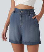 High Waisted Denim Casual Shorts 3'' with Pockets — Tide Blue Denim — view 5