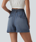 High Waisted Denim Casual Shorts 3'' with Pockets — Tide Blue Denim — view 2