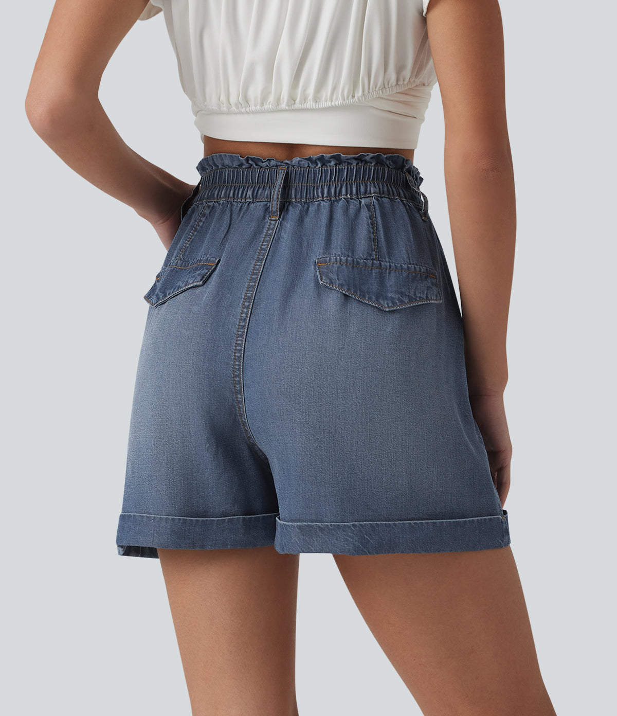 High Waisted Denim Casual Shorts 3'' with Pockets — Tide Blue Denim — view 2