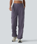 Mid Rise Adjustable Drawcord Ruched Quick Dry Running Cargo Joggers with Pockets — Charcoal Blue — view 1