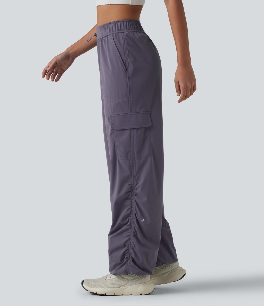 Mid Rise Adjustable Drawcord Ruched Quick Dry Running Cargo Joggers with Pockets — Charcoal Blue — view 3