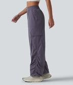 Mid Rise Adjustable Drawcord Ruched Quick Dry Running Cargo Joggers with Pockets — Charcoal Blue — view 3