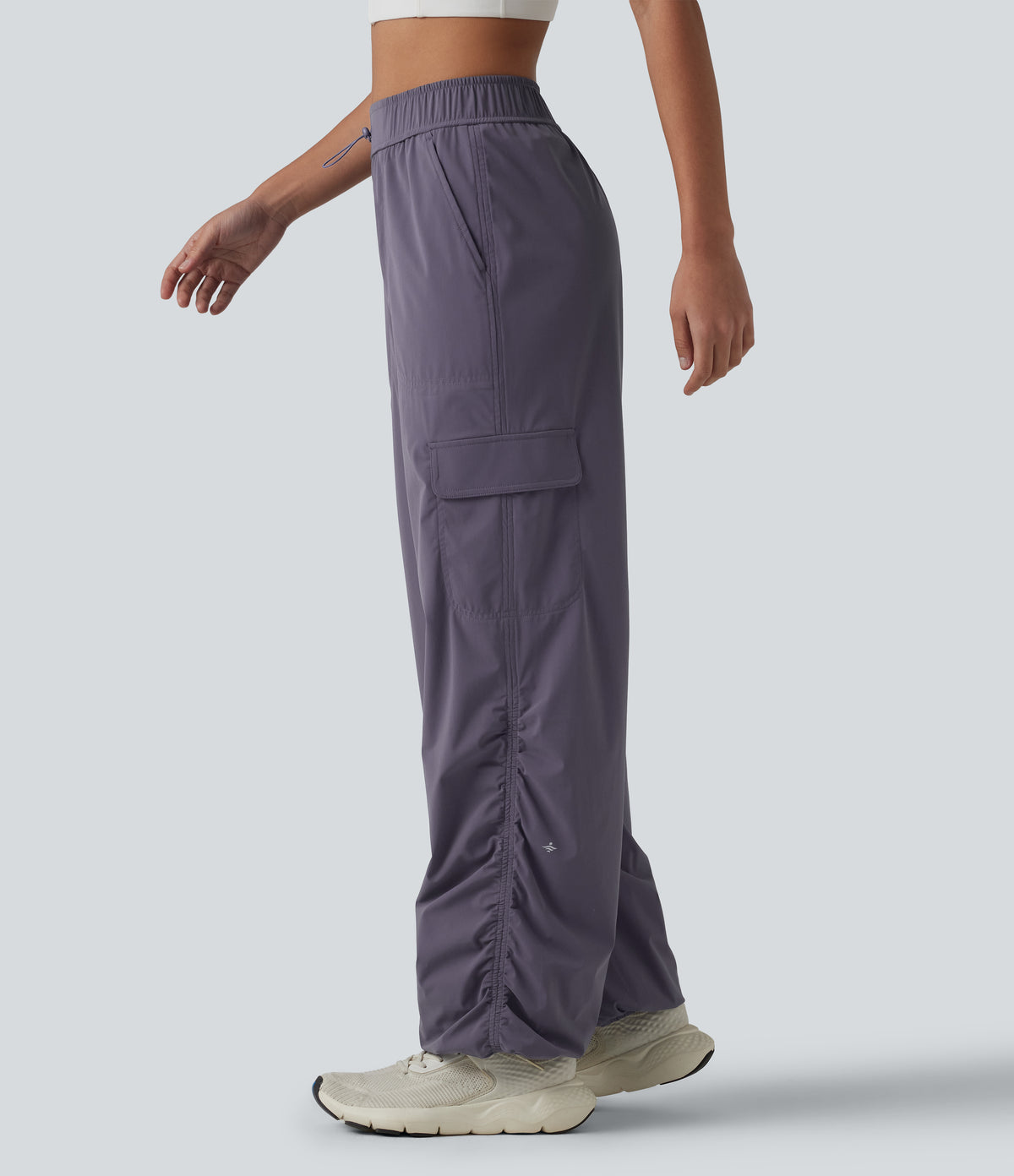 Mid Rise Adjustable Drawcord Ruched Quick Dry Running Cargo Joggers with Pockets — Charcoal Blue — view 3