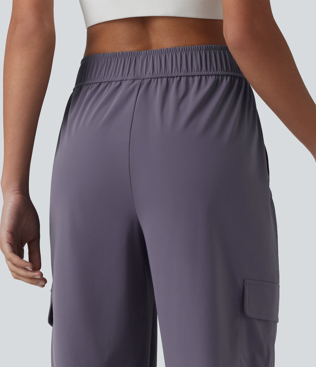 Mid Rise Adjustable Drawcord Ruched Quick Dry Running Cargo Joggers with Pockets — Charcoal Blue — view 5