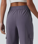 Mid Rise Adjustable Drawcord Ruched Quick Dry Running Cargo Joggers with Pockets — Charcoal Blue — view 5