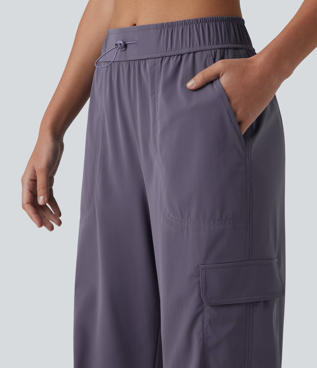 Mid Rise Adjustable Drawcord Ruched Quick Dry Running Cargo Joggers with Pockets — Charcoal Blue — view 4
