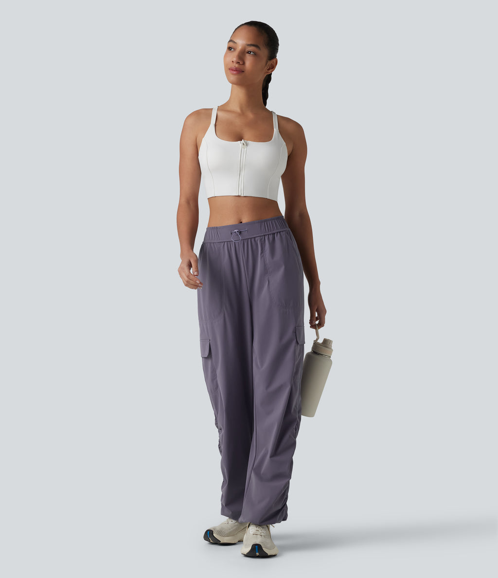 Mid Rise Adjustable Drawcord Ruched Quick Dry Running Cargo Joggers with Pockets — Charcoal Blue — view 7