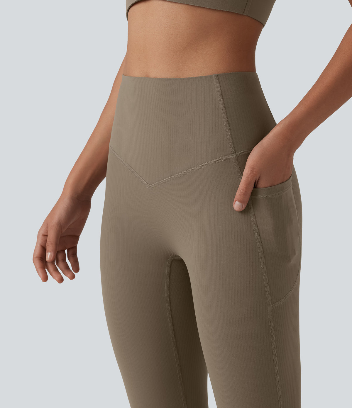 Ribbed High Waisted Tummy Control Yoga Leggings with Pockets — Dawn Brown — view 4