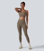 Ribbed High Waisted Tummy Control Yoga Leggings with Pockets — Dawn Brown — view 7