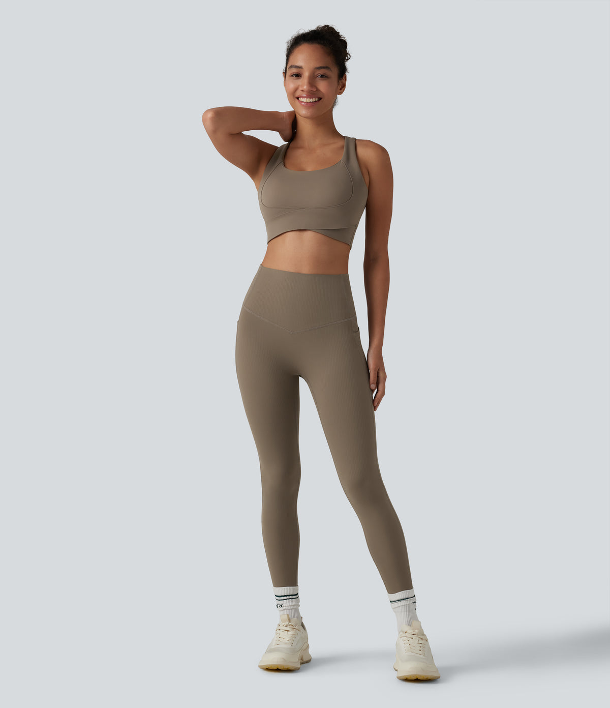 Ribbed High Waisted Tummy Control Yoga Leggings with Pockets — Dawn Brown — view 7