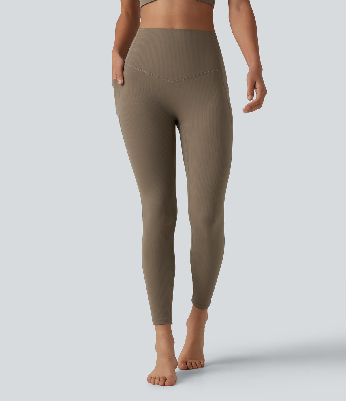 Ribbed High Waisted Tummy Control Yoga Leggings with Pockets — Dawn Brown — view 3