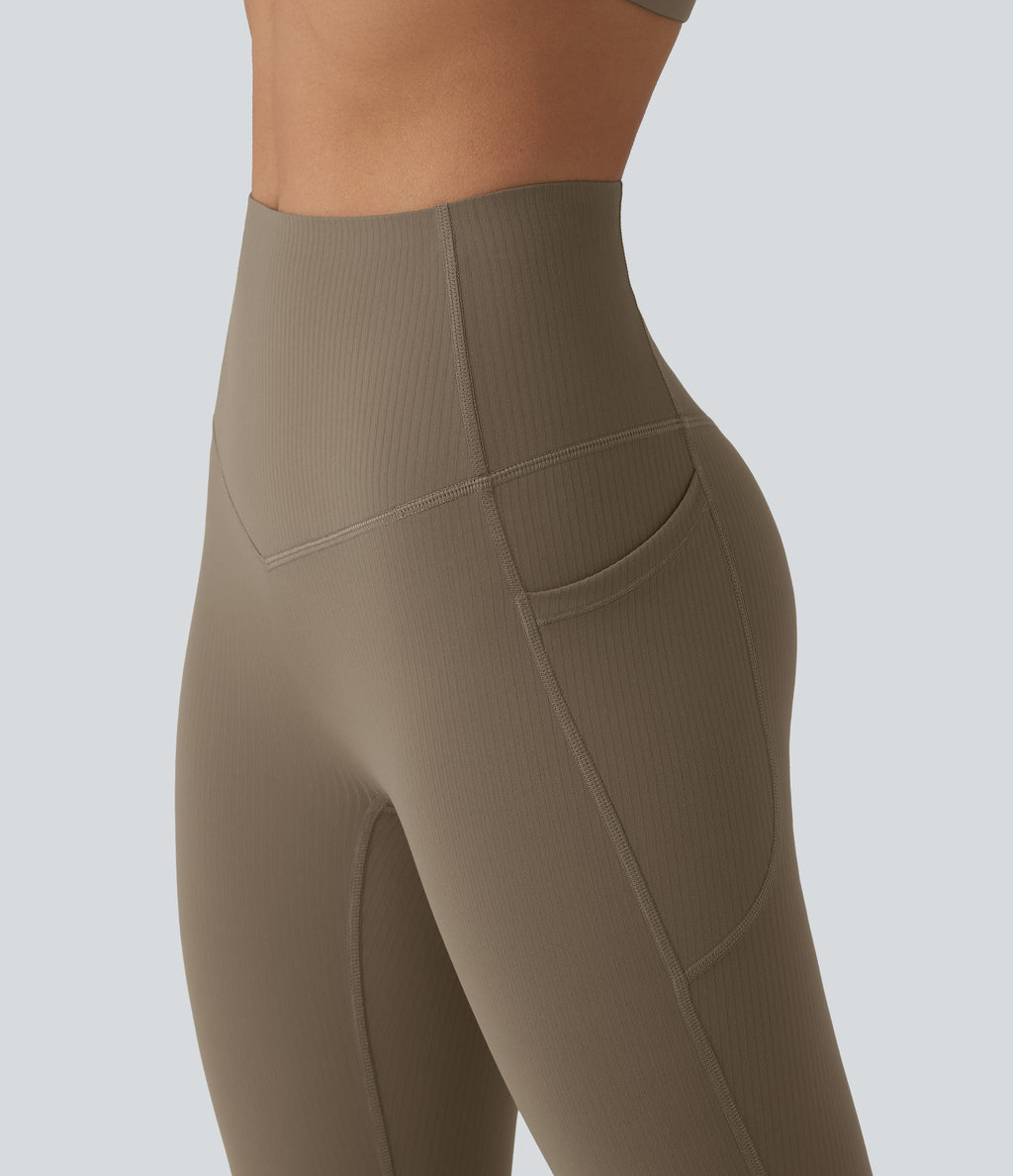 Ribbed High Waisted Tummy Control Yoga Leggings with Pockets — Dawn Brown — view 5