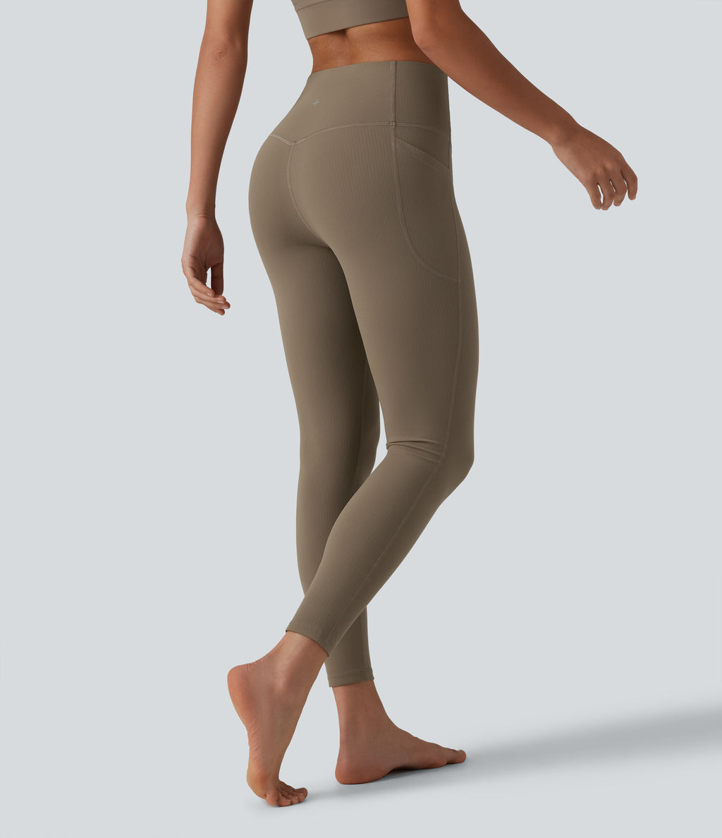 Ribbed High Waisted Tummy Control Yoga Leggings with Pockets — Dawn Brown — view 2