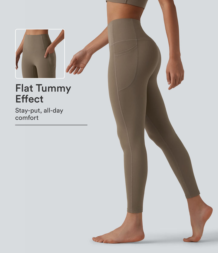 Ribbed High Waisted Tummy Control Yoga Leggings with Pockets — Dawn Brown — view 1