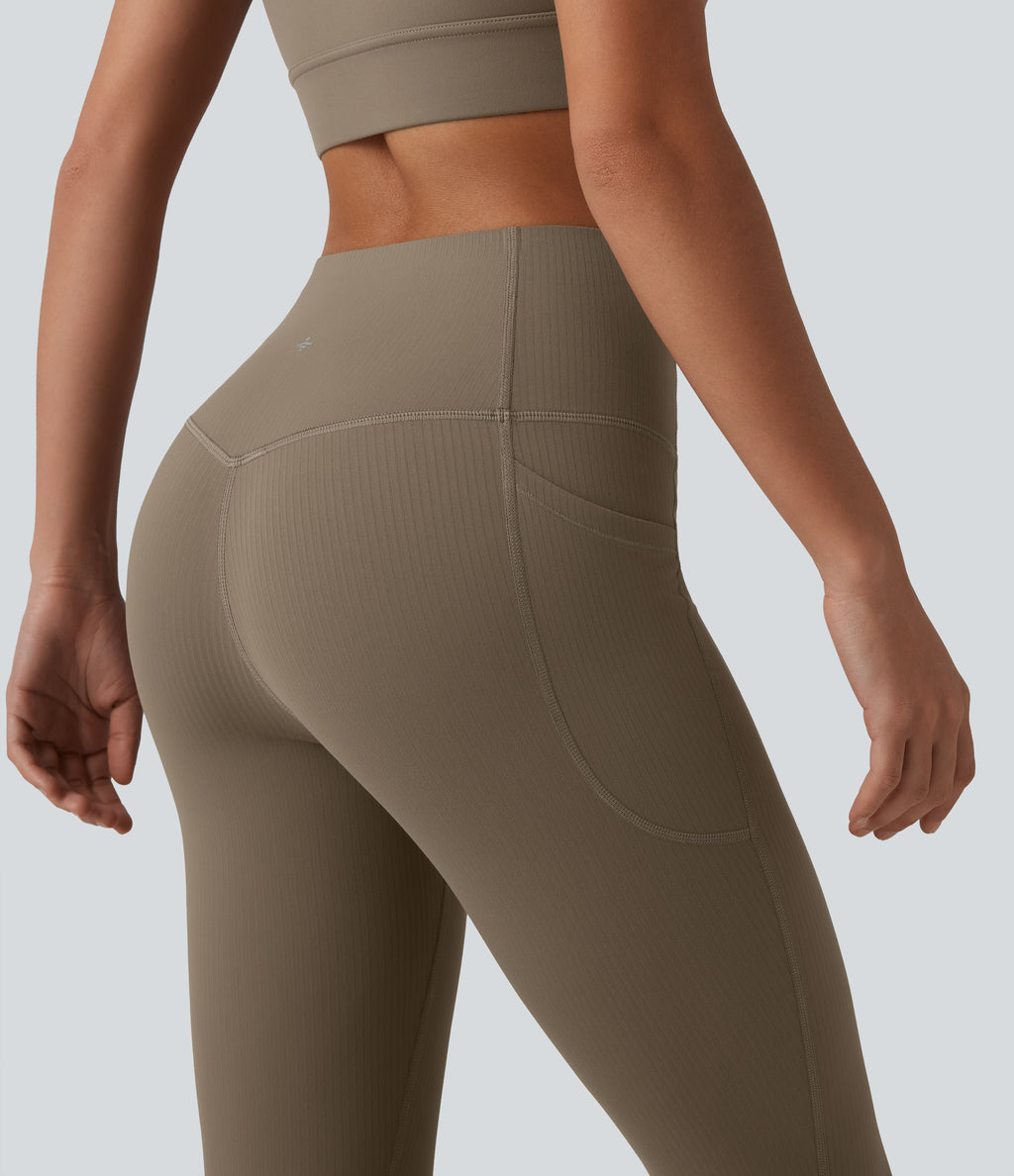 Ribbed High Waisted Tummy Control Yoga Leggings with Pockets — Dawn Brown — view 6