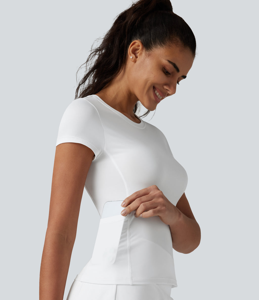 Round Neck Short Sleeve InstantCool Running Sports Top with Pockets-UPF50+ — White — view 5