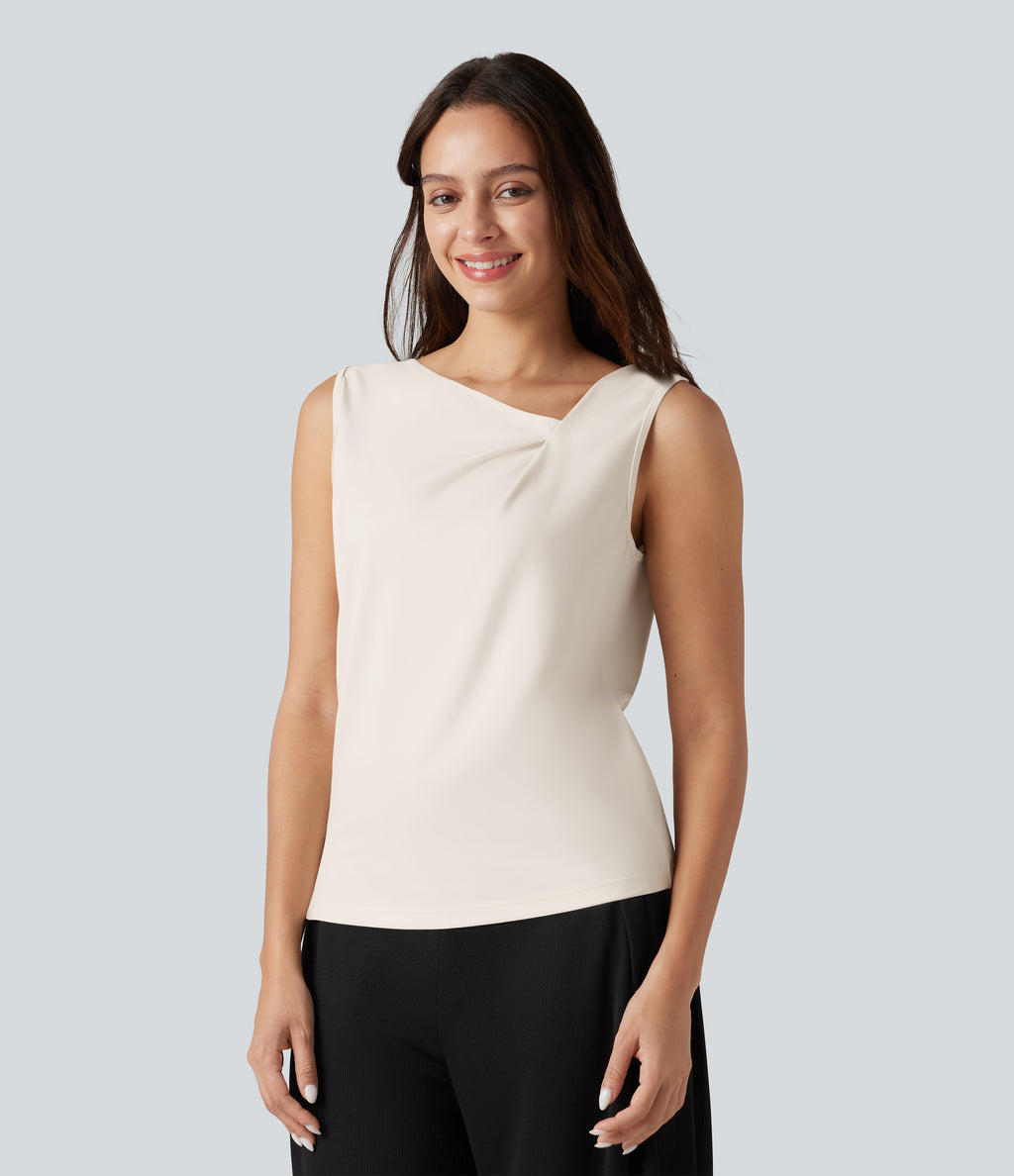 Asymmetric Cowl Neck Sleeveless Ruched Split Hem Work Top — Whisper White — view 3