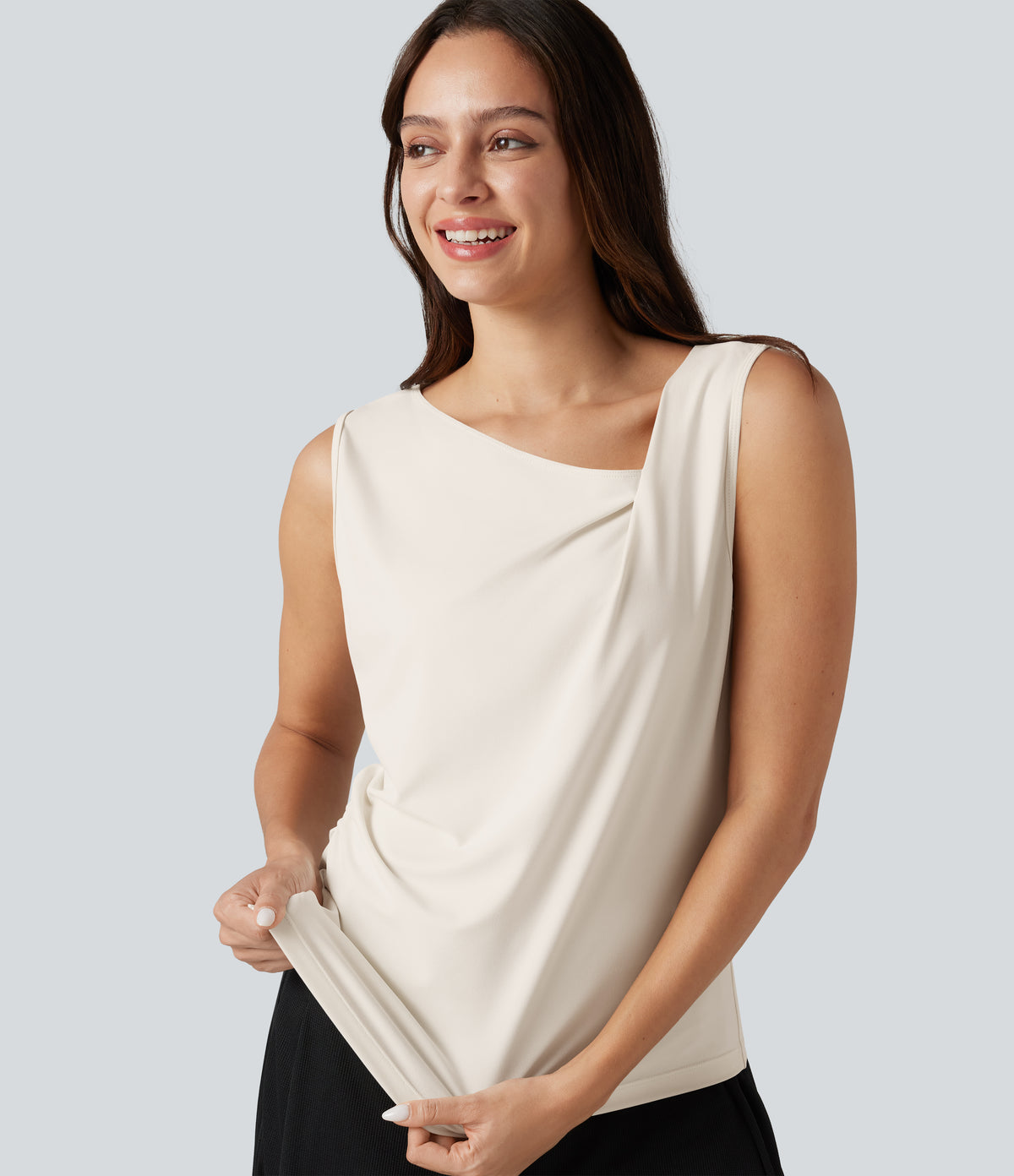 Asymmetric Cowl Neck Sleeveless Ruched Split Hem Work Top — Whisper White — view 6