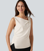 Asymmetric Cowl Neck Sleeveless Ruched Split Hem Work Top — Whisper White — view 7