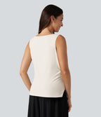 Asymmetric Cowl Neck Sleeveless Ruched Split Hem Work Top — Whisper White — view 2