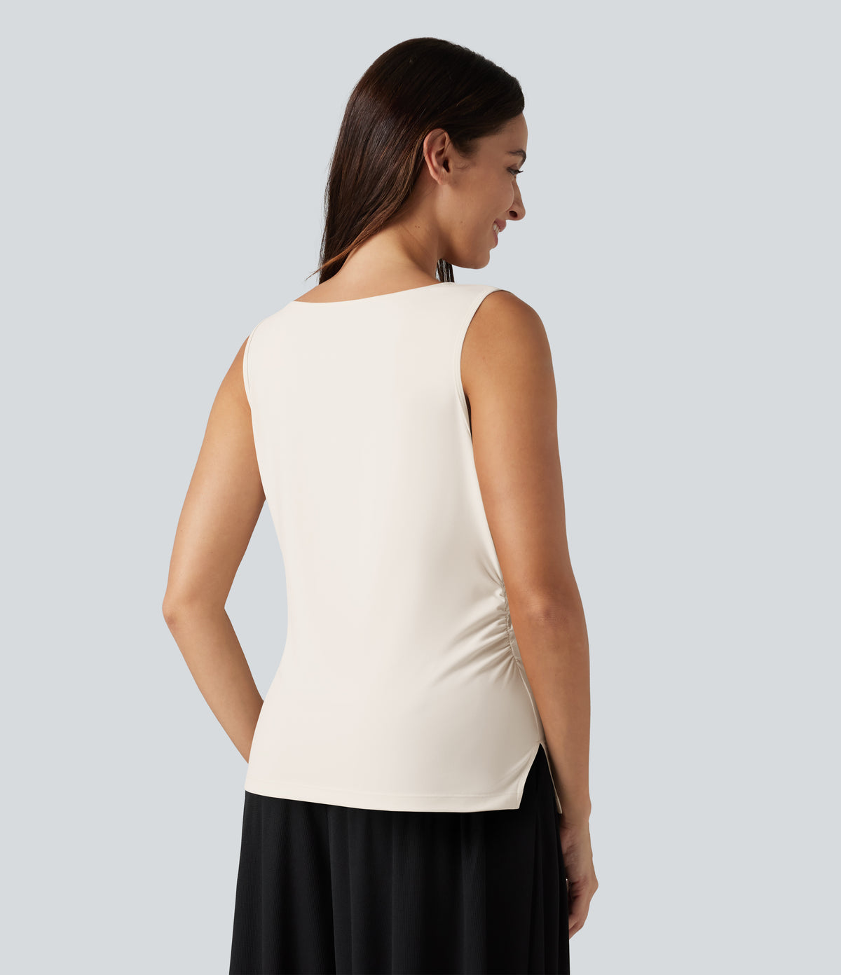 Asymmetric Cowl Neck Sleeveless Ruched Split Hem Work Top — Whisper White — view 2