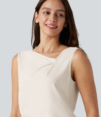 Asymmetric Cowl Neck Sleeveless Ruched Split Hem Work Top — Whisper White — view 5