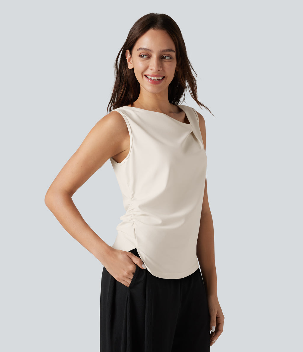 Asymmetric Cowl Neck Sleeveless Ruched Split Hem Work Top — Whisper White — view 4