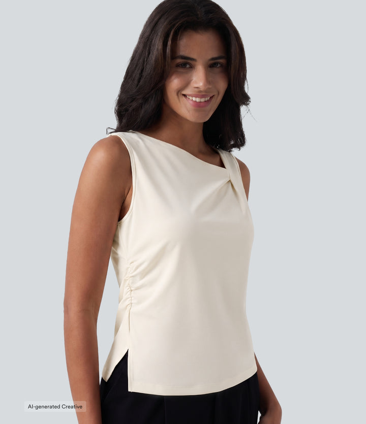 Asymmetric Cowl Neck Sleeveless Ruched Split Hem Work Top — Whisper White — view 1