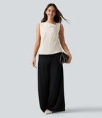 Asymmetric Cowl Neck Sleeveless Ruched Split Hem Work Top — Whisper White — view 8
