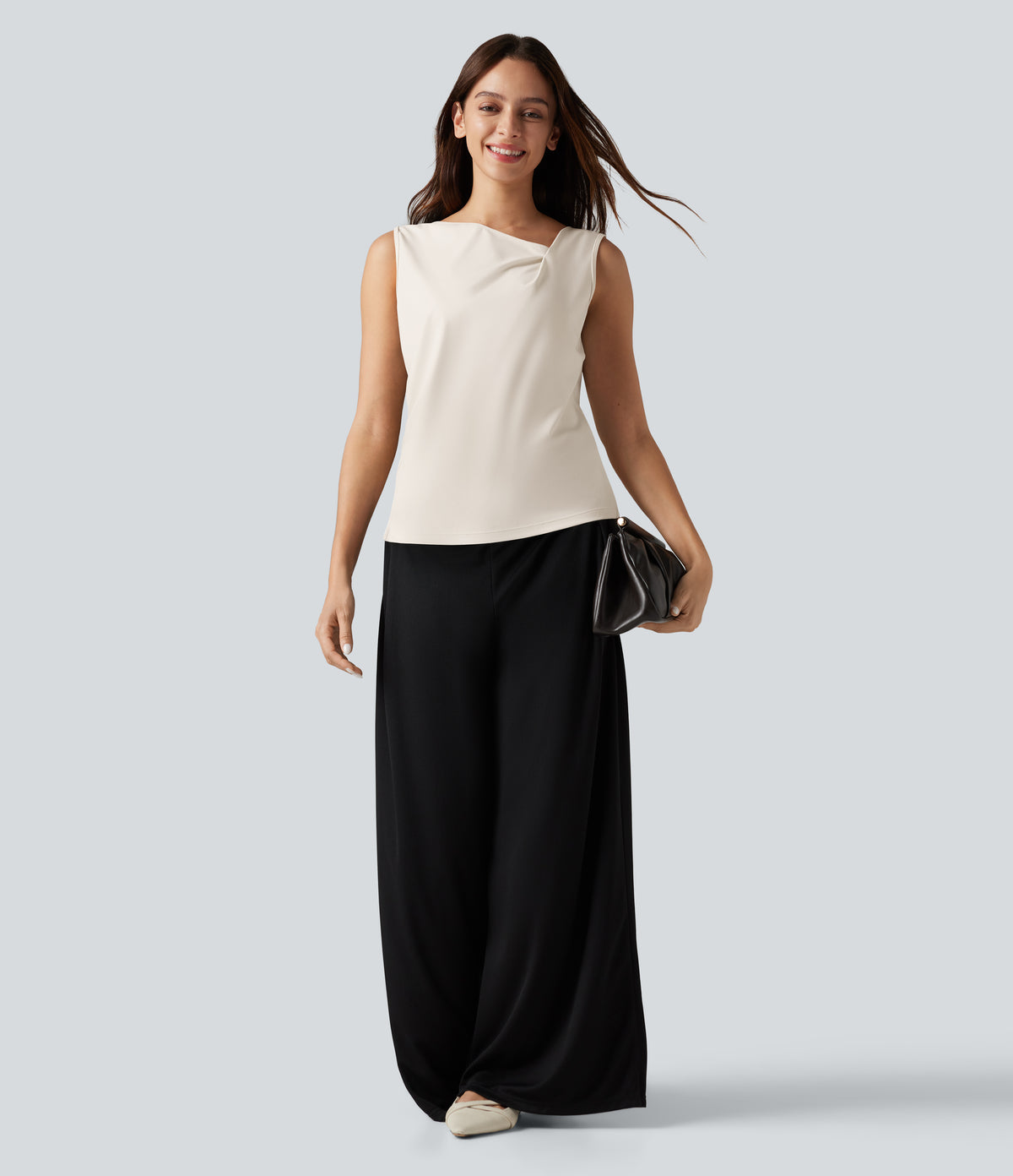 Asymmetric Cowl Neck Sleeveless Ruched Split Hem Work Top — Whisper White — view 8