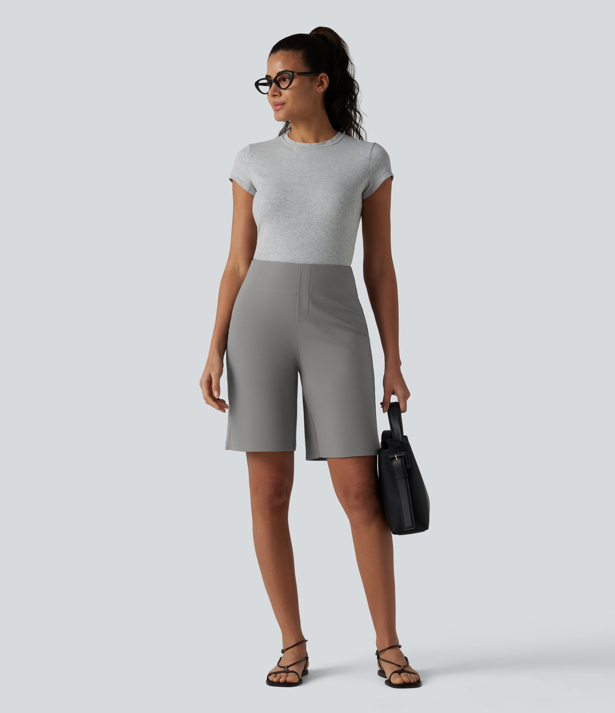 High Waisted Work Bermuda Shorts with Pockets — Silent Storm — view 6